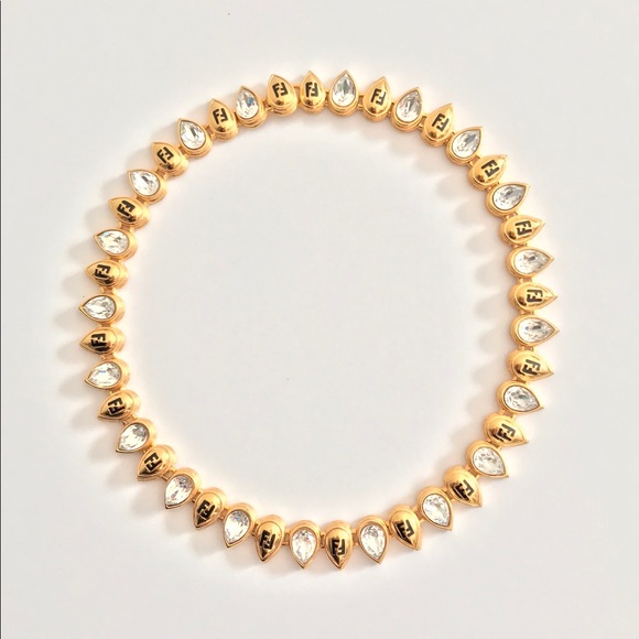 FENDI Rare Vintage FF Logo Gold & Crystal Necklace - Picture 5 of 6
